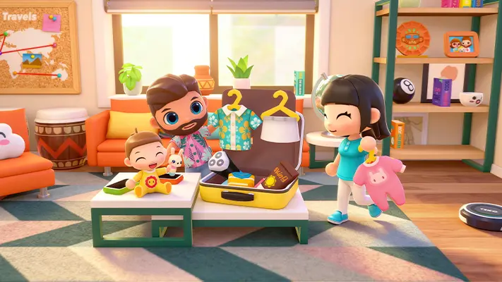 Airport Travel Stories gameplay screenshot — characters exploring a vacation destination (1 of 7)