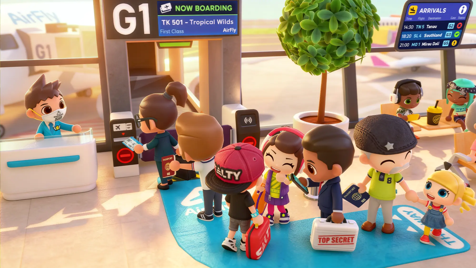 Airport Travel Stories key art: characters on vacation in a colorful tropical destination