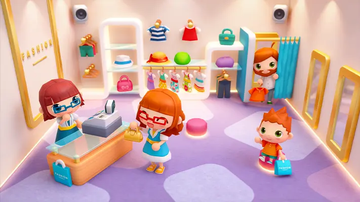 Daily Shopping Stories gameplay screenshot — characters playing in a shopping mall (1 of 7)