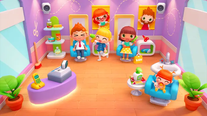 Daily Shopping Stories gameplay screenshot — characters playing in a shopping mall (4 of 7)