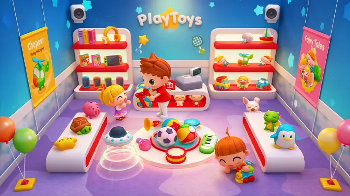 Daily Shopping Stories gameplay screenshot — characters playing in a shopping mall (5 of 7)