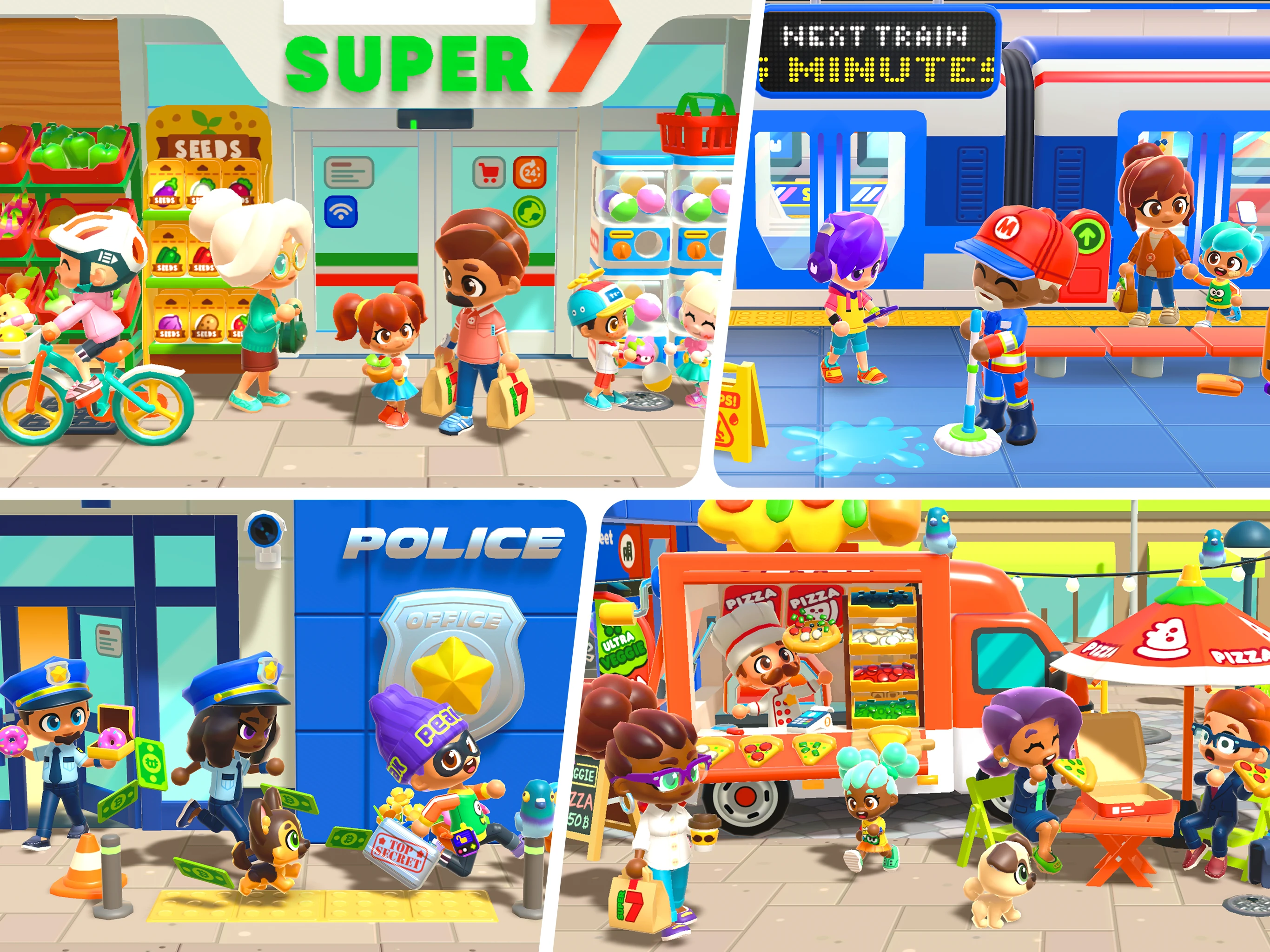 Stories Life screenshot — city places: supermarket, train station, police station and pizza truck (2 of 5)