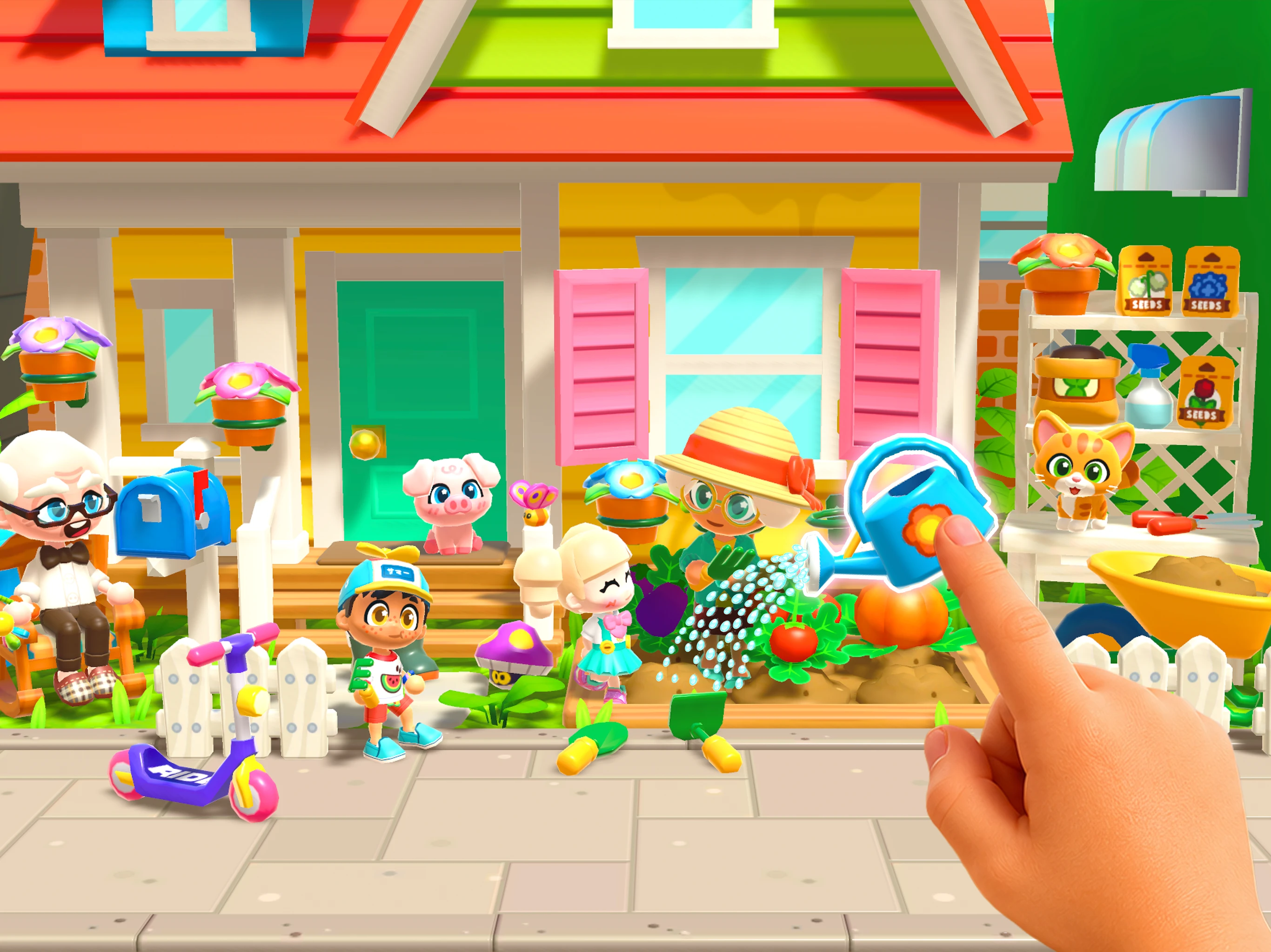Stories Life screenshot — watering the garden in front of a toy-like house (3 of 5)