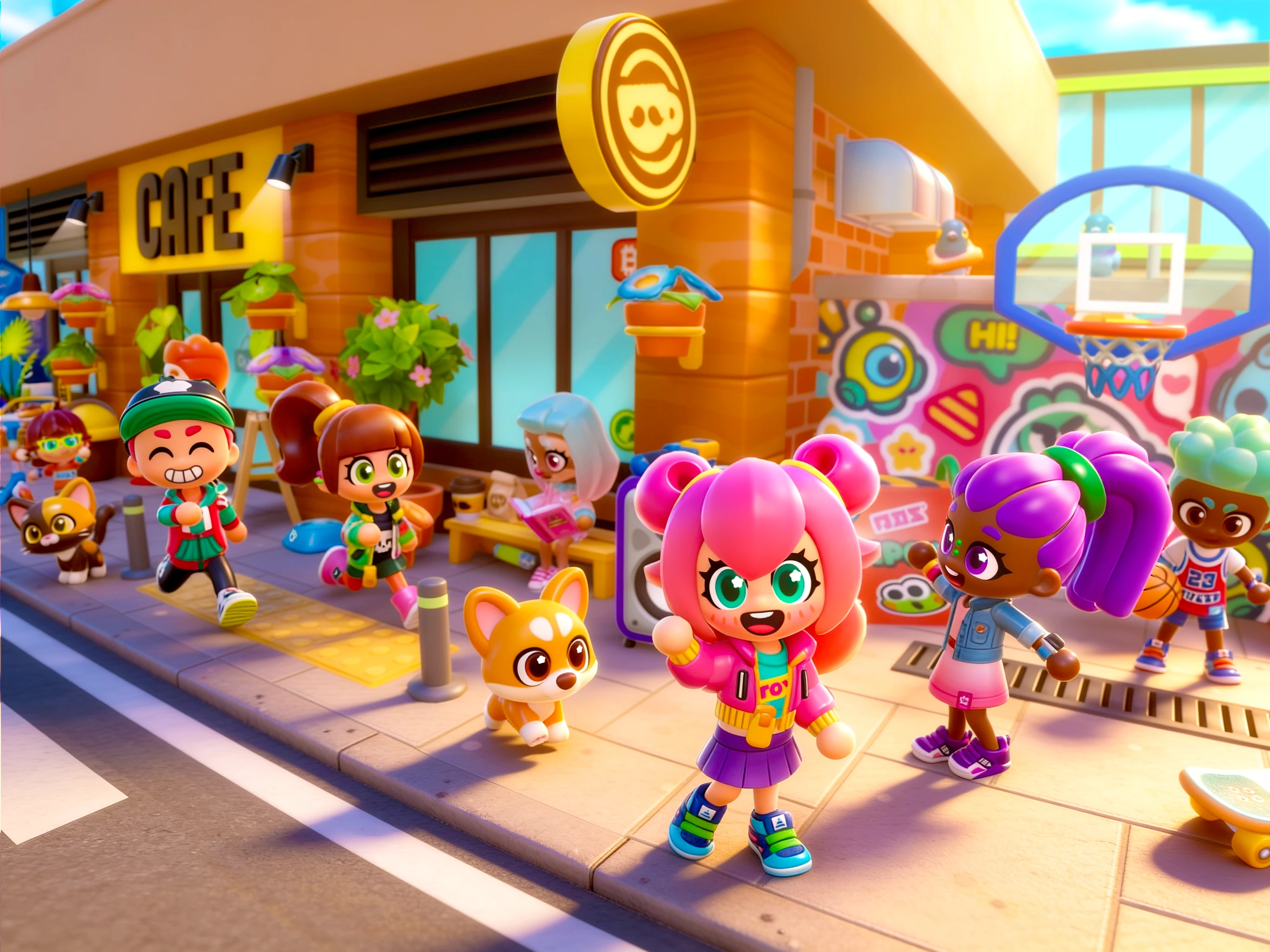 Stories Life key art: colorful characters and a corgi in front of a toy-like street café