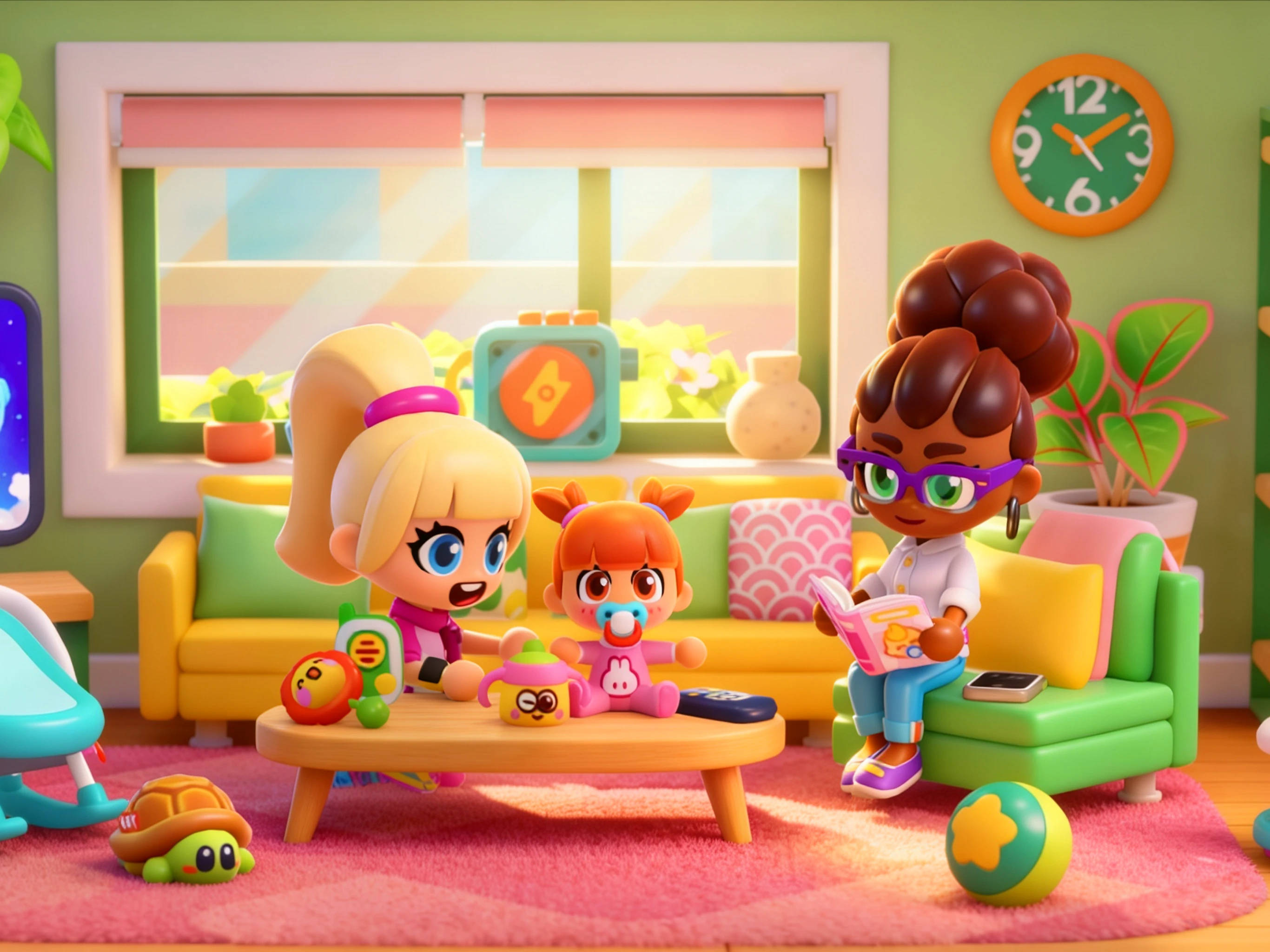 Stories Life screenshot — a family playing together in the living room (4 of 5)