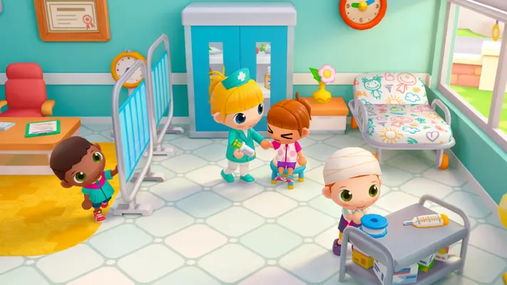 Sunny School Stories gameplay screenshot — students and teachers playing at school (4 of 7)