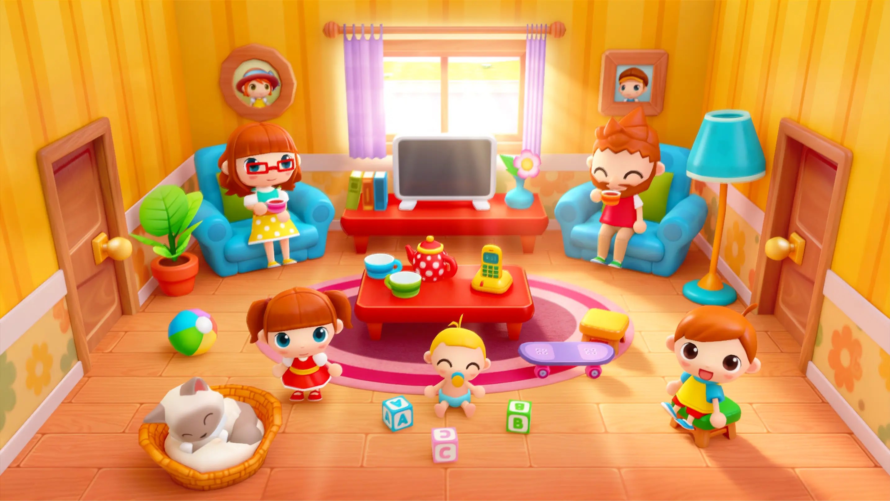 Sweet Home Stories key art: a warm family dollhouse with everyday pretend-play rooms