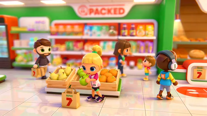 Stories World™ Urban City gameplay screenshot — characters playing in a lively city location (4 of 7)